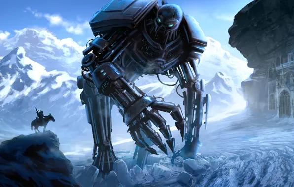 Картинка снег, горы, конь, здание, человек, робот, меч, арт