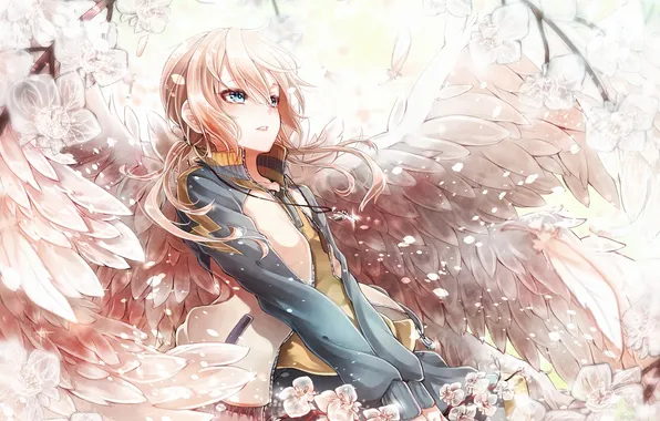 Картинка девушка, цветы, крылья, ветка, арт, розовые волосы, inazuma eleven go, kirino ranmaru