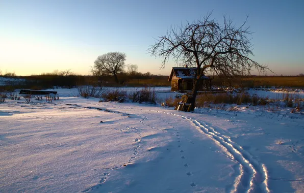 Картинка зима, снег, дом, утро