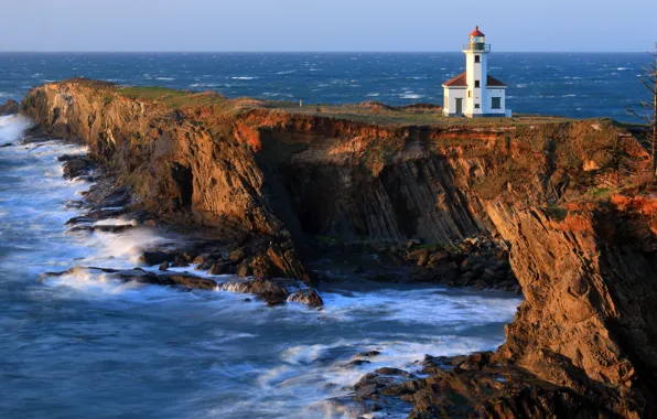 Картинка скалы, побережье, маяк, Тихий океан, Cape Arago Lighthouse