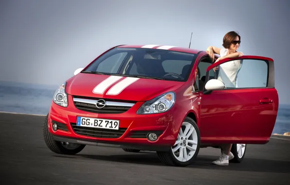 Картинка взгляд, девушка, Девушки, очки, красный авто, Opel Corsa