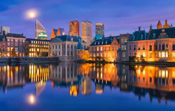 Картинка вода, отражения, ночь, город, дома, вечер, подсветка, Голландия