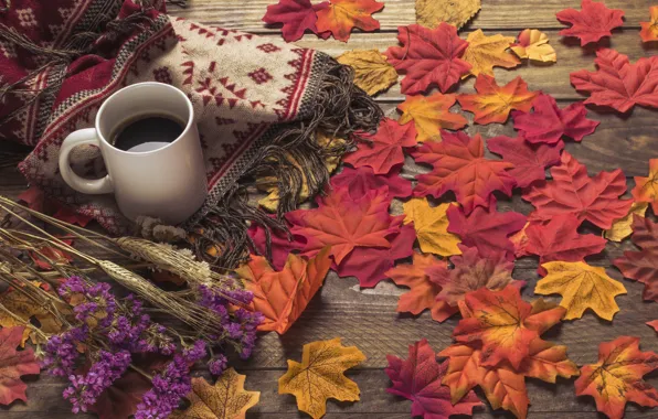 Картинка осень, листья, цветы, фон, дерево, кофе, colorful, шарф, чашка, wood, background, autumn, leaves, cup, coffee, …