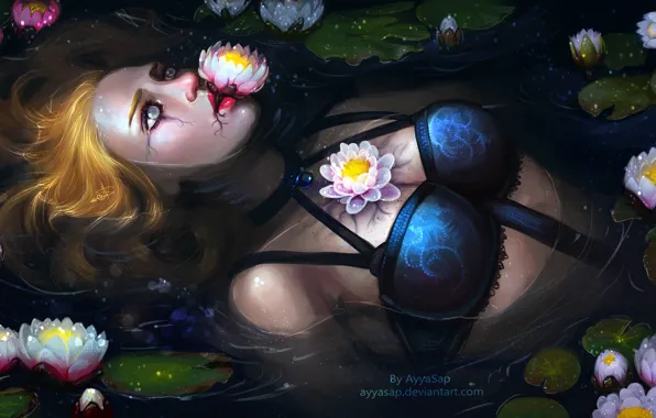 Картинка девушка, цветы, озеро, река, girl, Water, Lilies