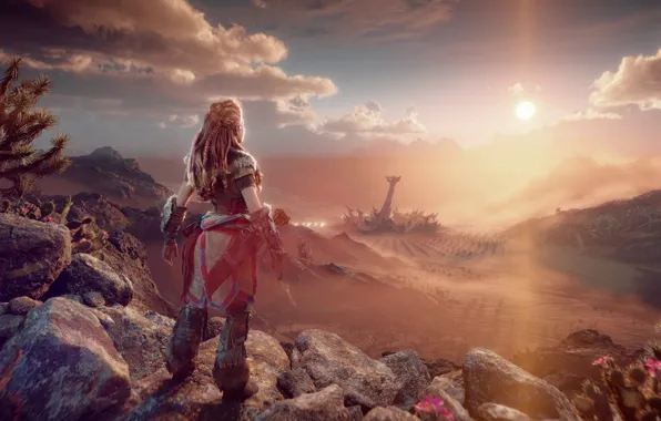 Девушка, закат, панорама, Aloy, Horizon Forbidden West