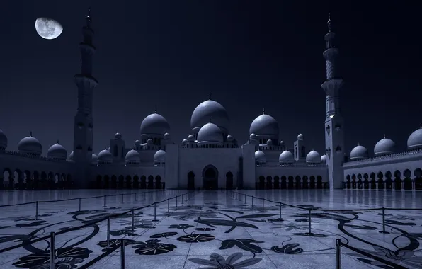Ночь, луна, арки, Мечеть, abu dhabi, Абу-Даби, Шейха Зайда