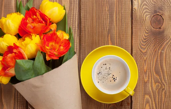 Картинка кофе, букет, colorful, тюльпаны, yellow, flowers, cup, tulips