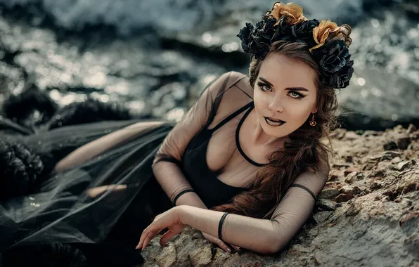 Море, взгляд, вода, девушка, поза, камни, скалы, берег