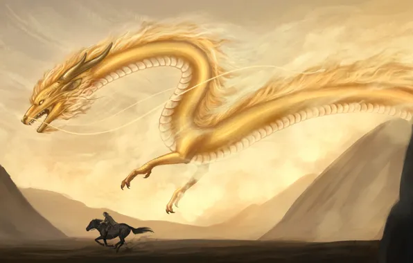 Картинка песок, горы, желтый, животное, дракон, лошадь, фэнтези, арт