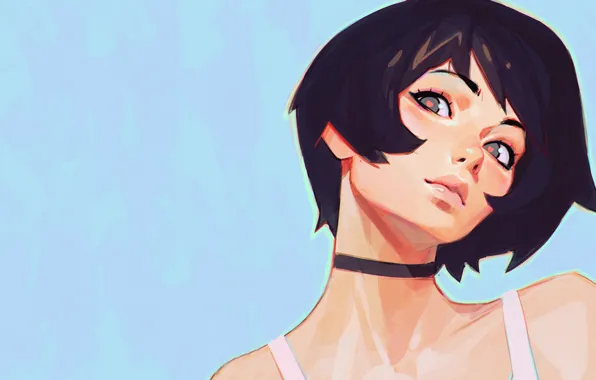 Short hair, women, digital art, black hair, simple background, choker, Ilya Kuvshinov, heart eyes