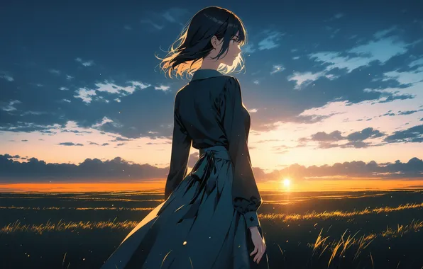 Поле, девушка, солнце, аниме, girl, field, woman, anime