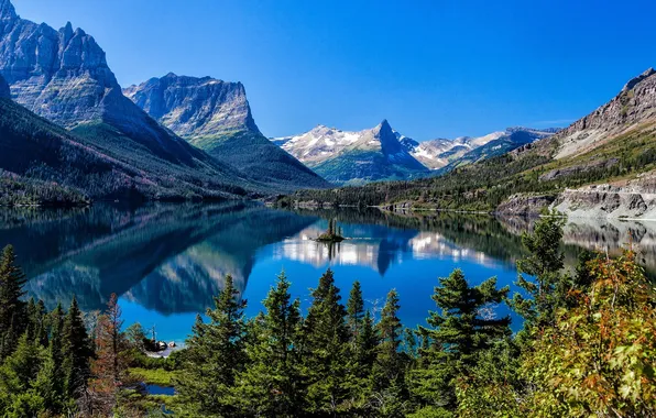 Картинка trees, landscape, nature, water, mountains, lake, reflection, sunlight