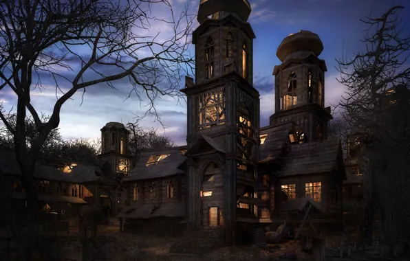 Деревья, ночь, строения, THE HAUNTED, one spooky night