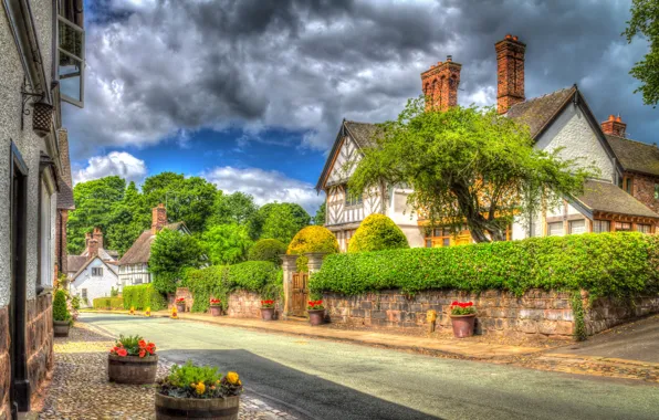 Картинка облака, деревья, цветы, улица, Англия, дома, кусты, Little Budworth