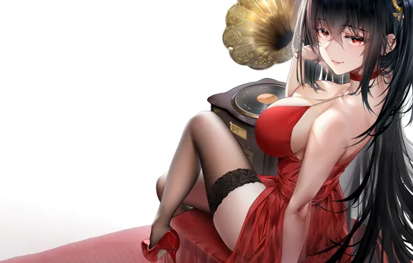 Girl, sexy, cleavage, thighhighs, long hair, dress, boobs, anime