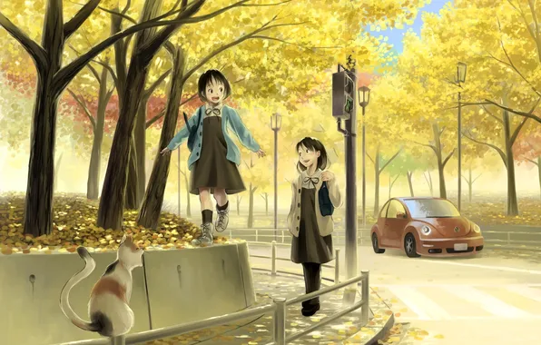 Дорога, машина, осень, кот, листья, радость, девушки, аниме