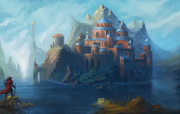 Картинка вода, пейзаж, горы, город, озеро, замок, человек, меч