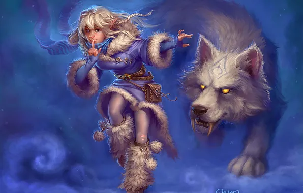 Картинка зима, волк, девочка