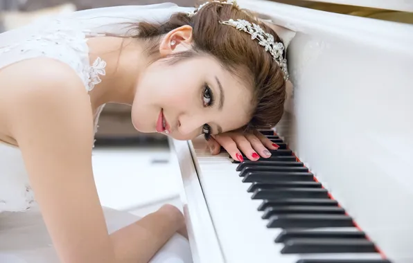 Взгляд, девушка, лицо, волосы, азиатка, пианино