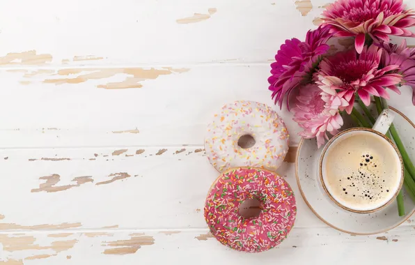 Цветы, пончики, герберы, wood, pink, flowers, coffee cup, with love