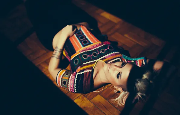 Light, girl, wood, floor, shadow, sleeping, lying down, ground