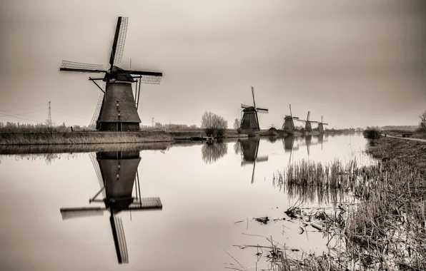 Осень, канал, Нидерланды, ветряная мельница