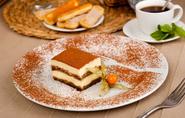 Чай, пирожное, мята, физалис, какао