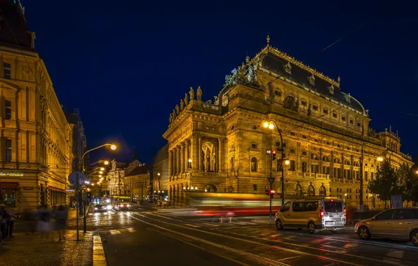 Картинка ночь, город, Прага, Чехия, Praha, Пражский национальный театр