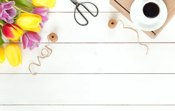 Цветы, кофе, весна, colorful, тюльпаны, fresh, wood, flowers