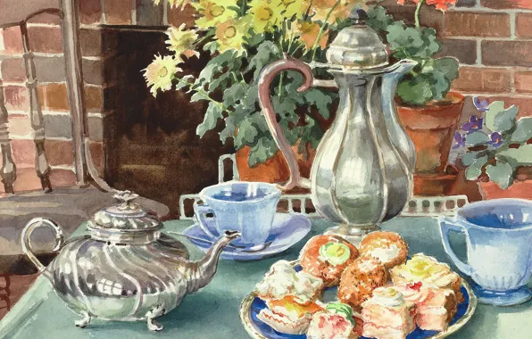 Картинка цветы, стол, чайник, тарелка, стул, кружки, пироженое, Акварель