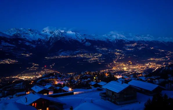 Картинка зима, снег, горы, ночь, город, огни, швейцария, switzerland