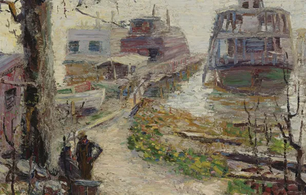 Картинка корабль, картина, причал, швартовые, Walt Kuhn, Уолт Кун, 1906-12