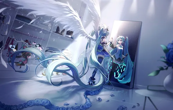 Цветы, девушки, комната, ангел, Hatsune Miku, Vocaloid, Yuki Miku, микрафон