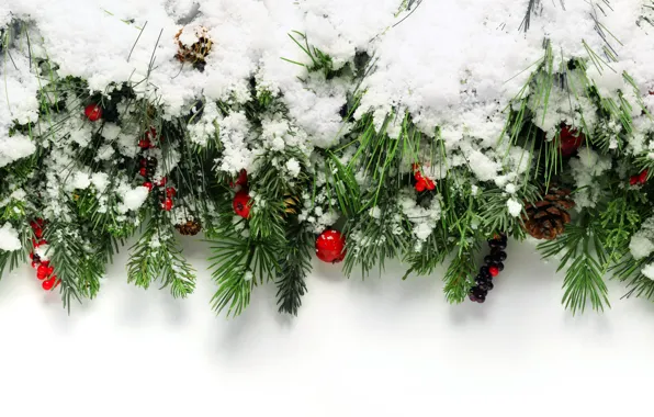 Картинка зима, снег, украшения, ягоды, елка, Новый Год, Рождество, happy