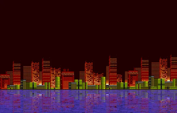 Вода, Отражение, Город, Ретро, Арт, Графика, Пиксели, 8bit