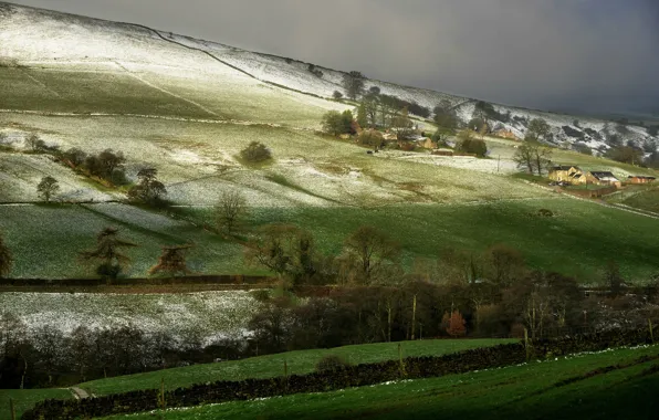 Картинка снег, деревья, поля, Англия, склон, Аллгрэйв