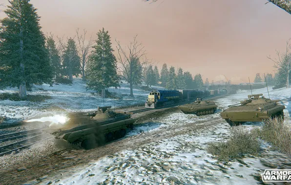 Снег, деревья, поезд, БМП-2, armored warfare