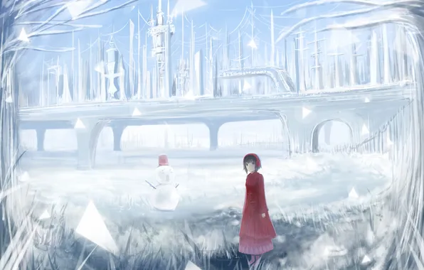 Картинка зима, девушка, деревья, мост, аниме, арт, сооружения, снеговик