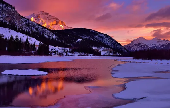 Картинка зима, небо, облака, снег, горы, озеро, отражение