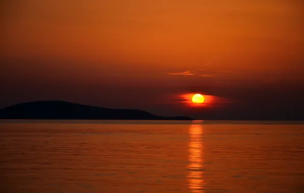 Fireball, twilight, sea, ocean, sunset, seascape, island, sun