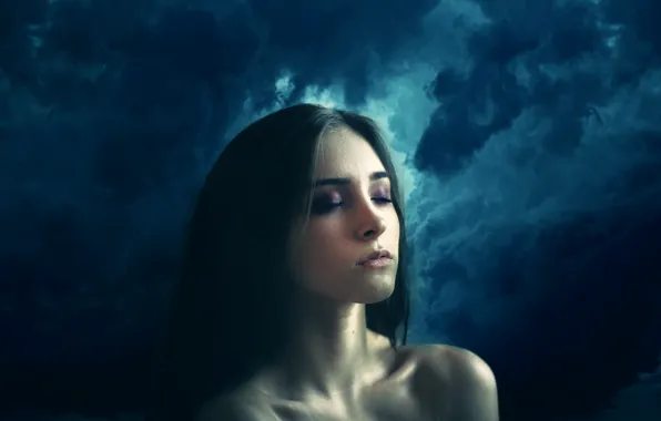 Картинка девушка, тучи, шторм, The calm within the storm