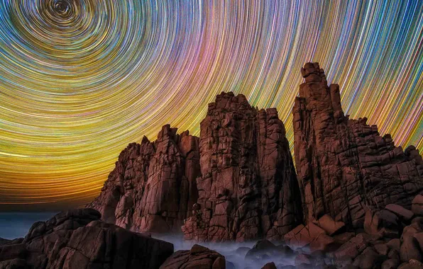 Картинка небо, звезды, скалы, Виктория, Австралия, Cape Woolamai