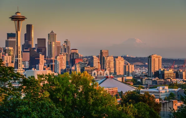 Здания, панорама, Сиэтл, Washington, Seattle, штат Вашингтон, Mount Rainier, гора Рейнир