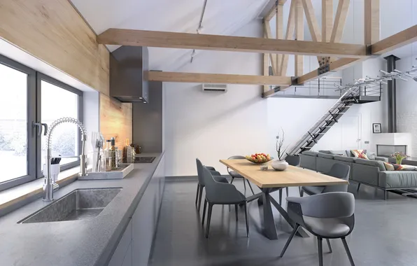 Дизайн, стиль, интерьер, кухня, лестница, гостиная, столовая, Modern Loft