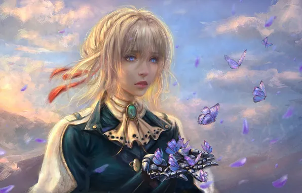 Небо, облака, бабочки, голубые глаза, sky, blue eyes, clouds, butterflies