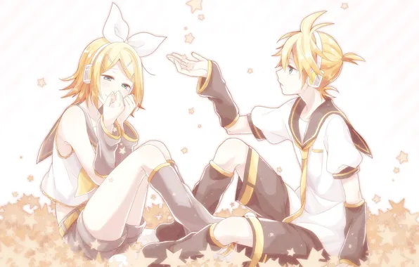 Девушка, нежность, звёздочки, парень, двое, Vocaloid, Вокалоид, Кагомине Лен