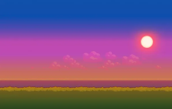 Море, трава, солнце, облака, время, вечер, сутки, 8bit