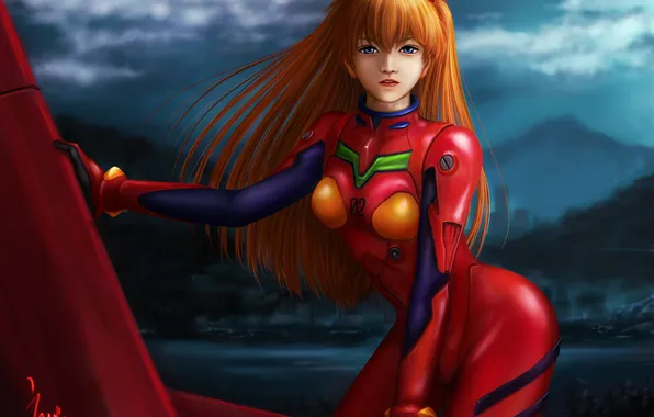 Взгляд, девушка, ночь, город, поза, улыбка, soryu asuka langley, evangelion