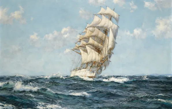 Море, рисунок, парусник, живопись, Montague Dawson
