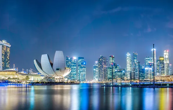 Картинка ночь, дизайн, огни, здания, небоскребы, фонари, Сингапур, набережная